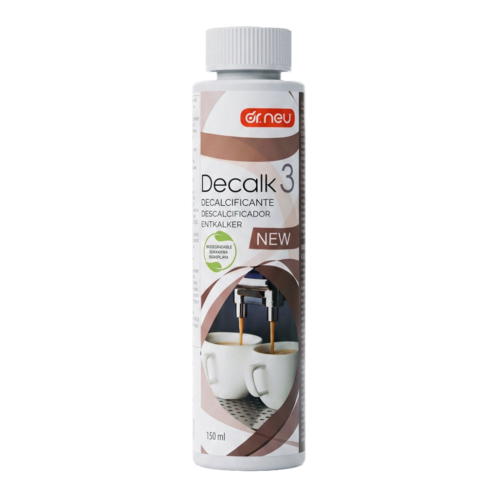 Confezione Decalcificante liquido Dr. Neu Decalk 3 da 150 ml, anticalcare universale biodegradabile per macchine da caffè.