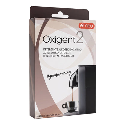Confezione Detergente all'ossigeno attivo Dr. Neu Oxigent 2: confezione da 2 buste da 20 g per pulizia e igienizzazione macchine caffè