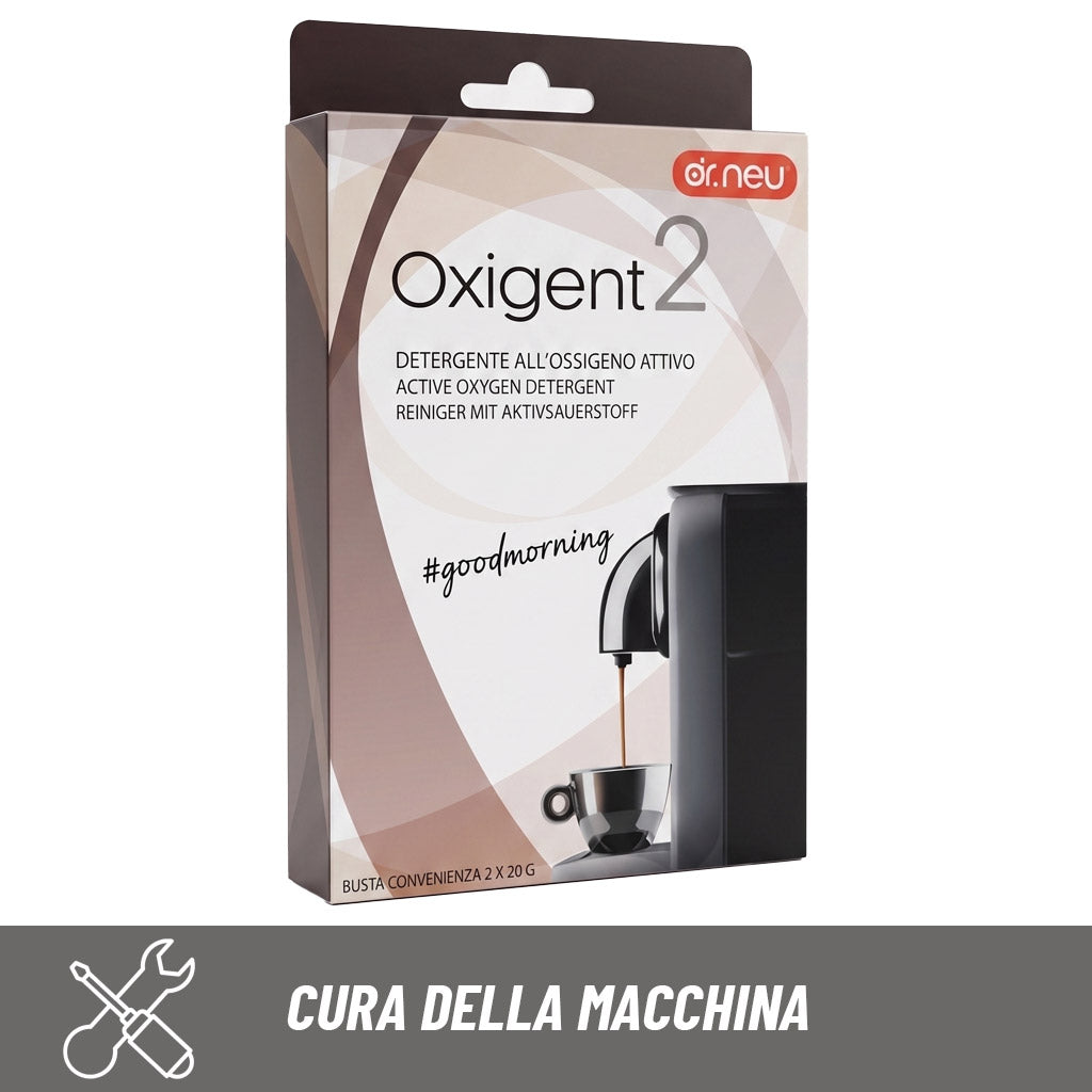 Detergente all'ossigeno attivo Dr. Neu Oxigent 2: confezione da 2 buste da 20 g per pulizia e igienizzazione macchine caffè.