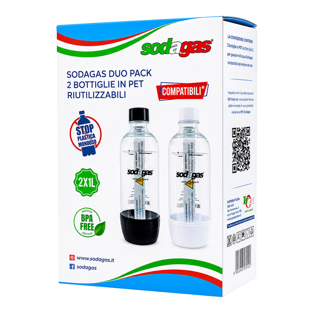 Dettaglio confezione bottiglie per gasatore Sodagas universali Duo Pack: set 2 bottiglie riutilizzabili per acqua frizzante, bianco e nero.