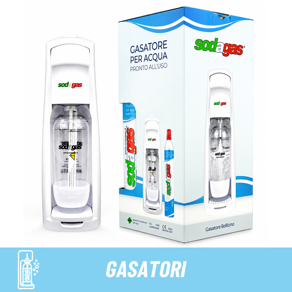 Gasatore d'acqua Sodagas Bollicino bianco: macchina per acqua frizzante pronta all'uso con bottiglia e cilindro CO2.