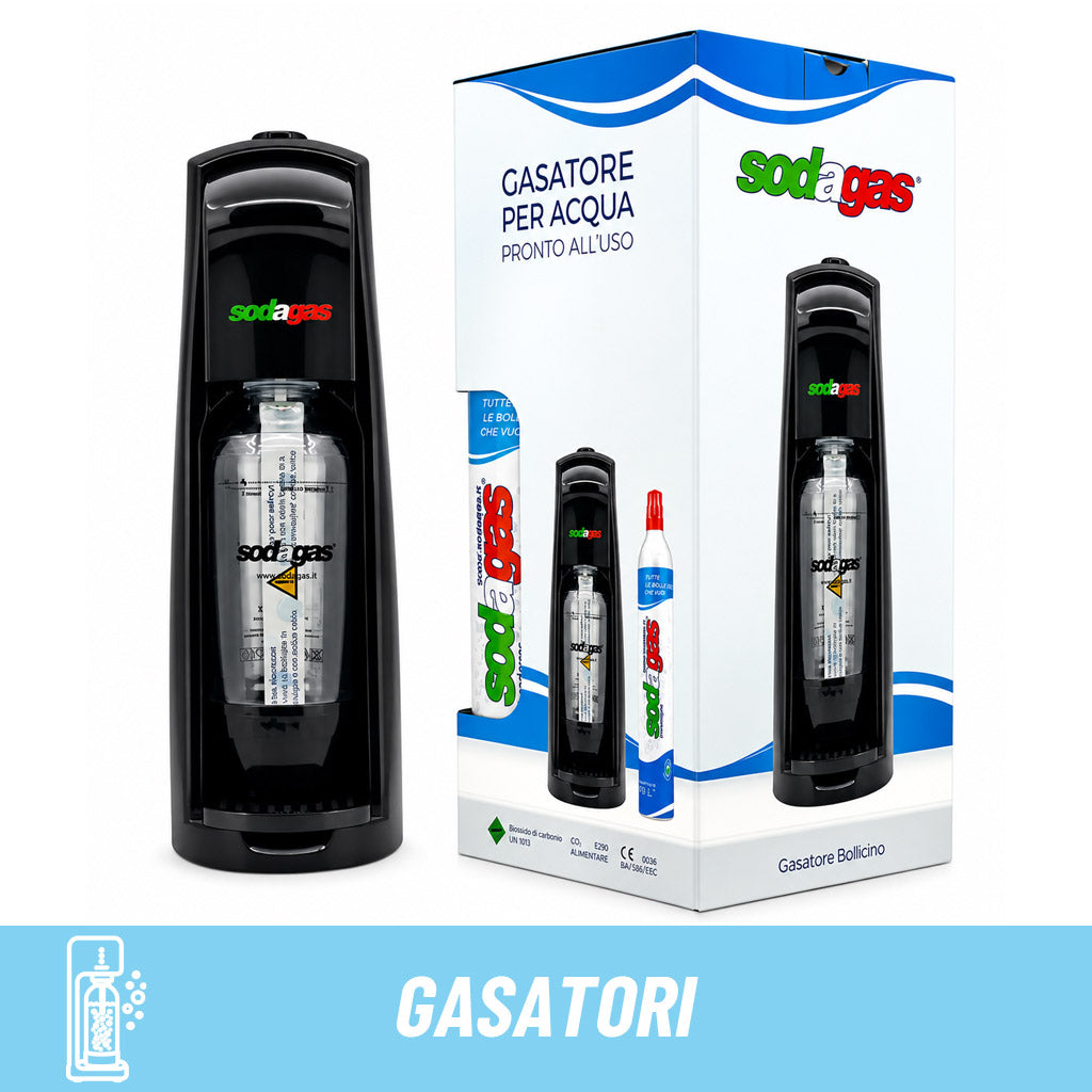 Gasatore d'acqua Sodagas Bollicino nero: macchina per acqua frizzante pronta all'uso con bottiglia e cilindro CO2.
