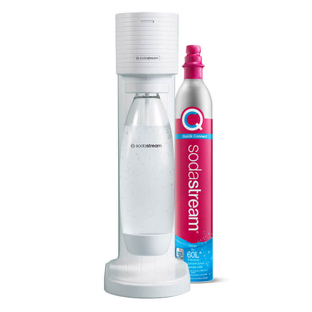 Kit gasatore d'acqua SodaStream Gaia bianco con bottiglia riutilizzabile e cilindro CO2 Quick Connect rosa da 60L.