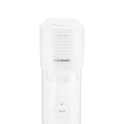 Dettaglio frontale testata e vano bottiglia con logo SodaStream Gaia colore bianco.