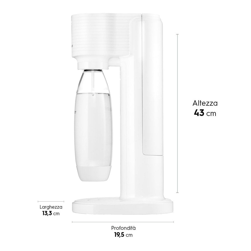 Dimensioni e misure gasatore d'acqua SodaStream Gaia bianco: altezza 43 cm, larghezza 13,3 cm e profondità 19,5 cm.