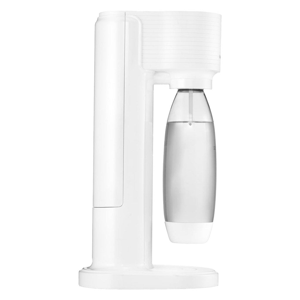 Vista laterale del gasatore per acqua da tavolo SodaStream Gaia bianco con bottiglia inserita