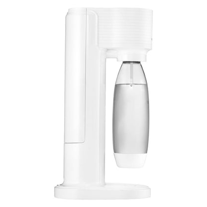Vista laterale del gasatore per acqua da tavolo SodaStream Gaia bianco con bottiglia inserita
