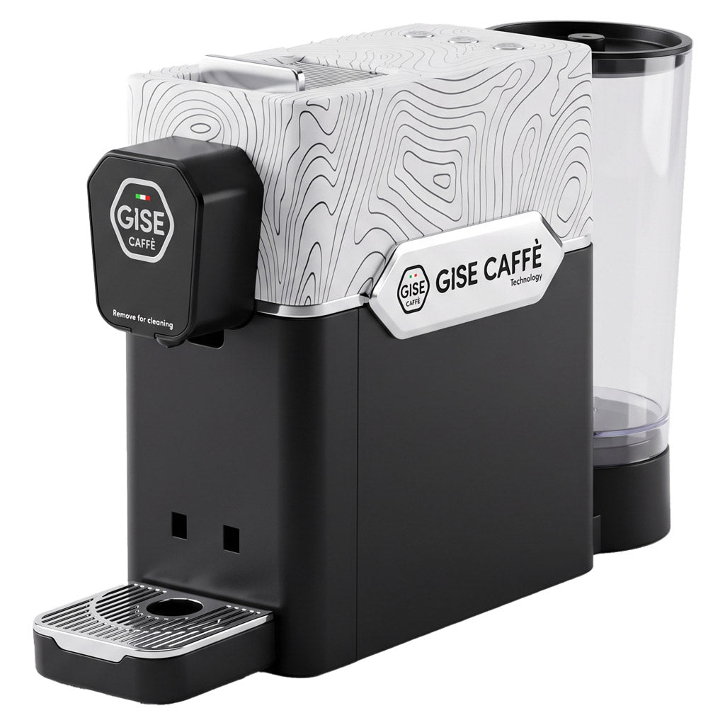 Macchina da caffè Gea Gise Caffè Technology bianca: vista di tre quarti con scocca superiore decorata, corpo nero, griglia poggia tazza e serbatoio trasparente.