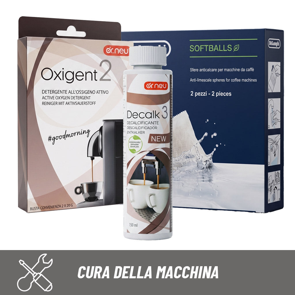 Kit pulizia e manutenzione macchina caffè 3 in 1: decalcificante Dr. Neu Decalk 3, detergente Oxigent 2 e sfere anticalcare De'Longhi Softballs.