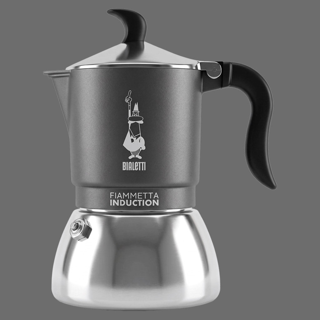 Caffettiera Bialetti Fiammetta Induction da 2 tazze con raccoglitore superiore di colore grigio scuro e caldaia in acciaio lucido.