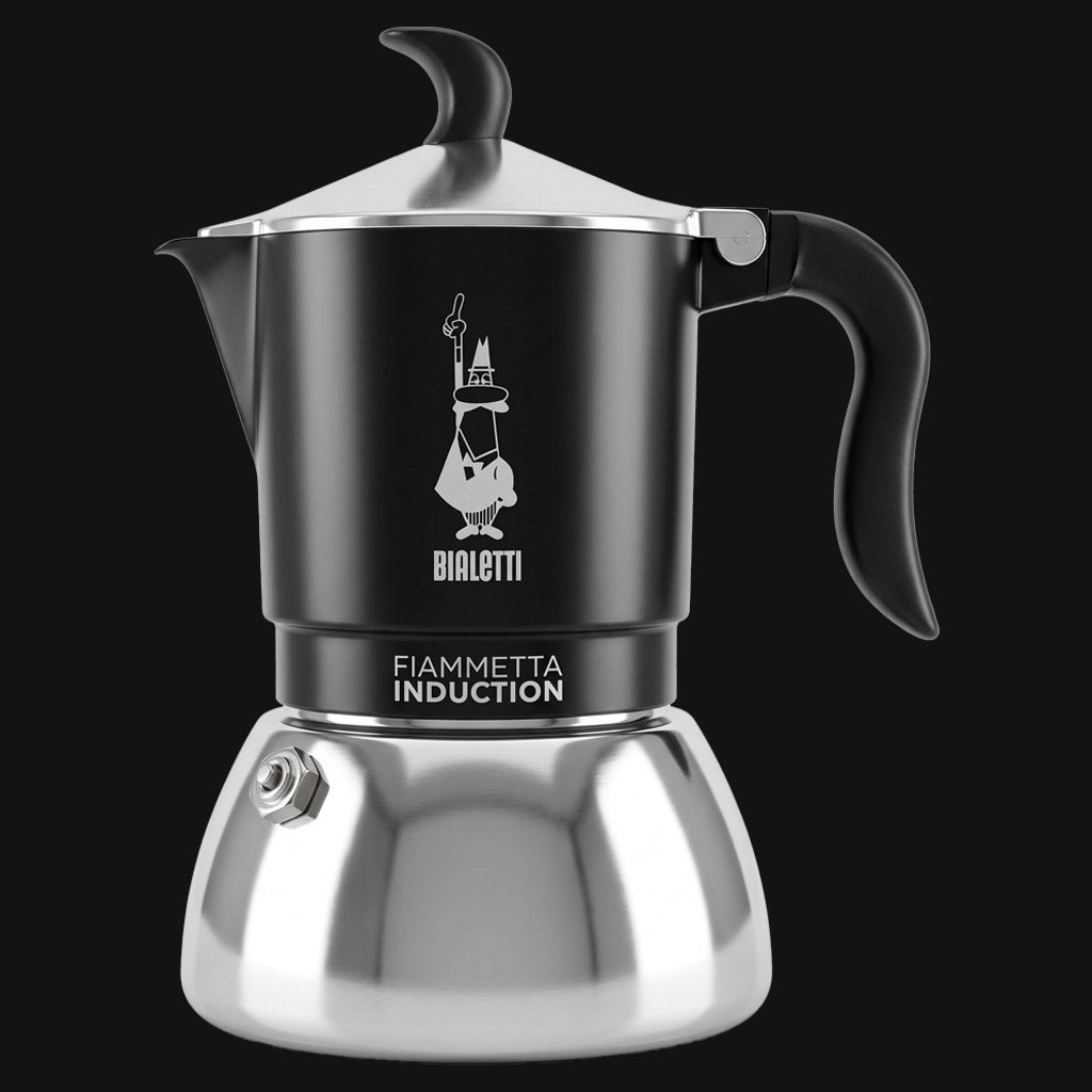 Caffettiera Bialetti Moka Induction da 6 tazze con raccoglitore superiore di colore nero e caldaia in acciaio lucido.