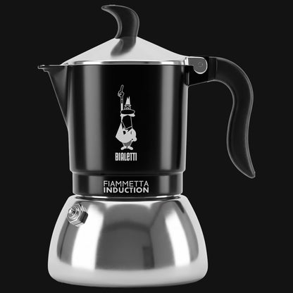 Caffettiera Bialetti Moka Induction da 6 tazze con raccoglitore superiore di colore nero e caldaia in acciaio lucido.