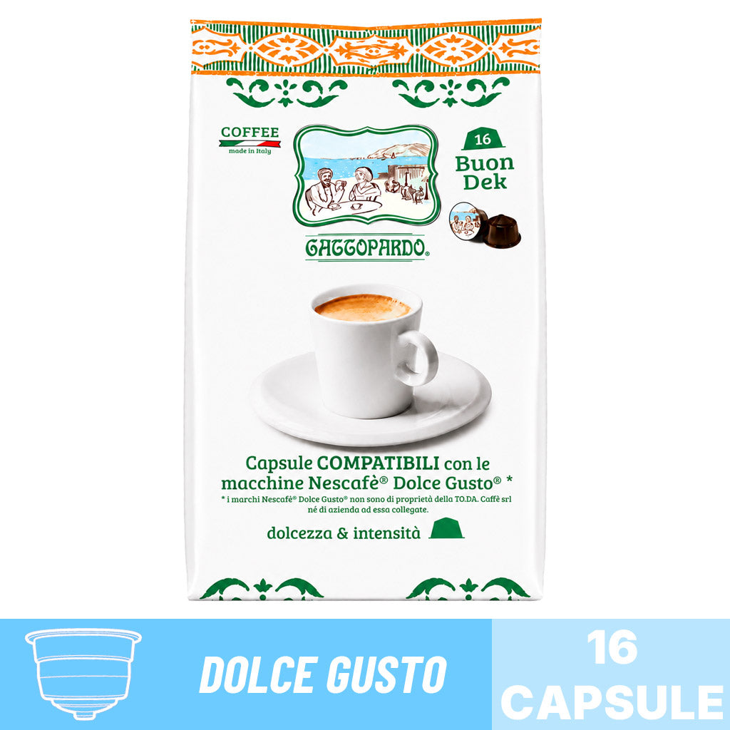 Busta da 16 capsule compatibili Nescafé Dolce Gusto Caffè Gattopardo miscela Buon Dek decaffeinato.