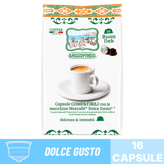Busta da 16 capsule compatibili Nescafé Dolce Gusto Caffè Gattopardo miscela Buon Dek decaffeinato.