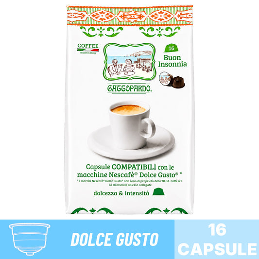 Busta da 16 capsule compatibili Nescafé Dolce Gusto Caffè Gattopardo miscela Buon Insonnia.