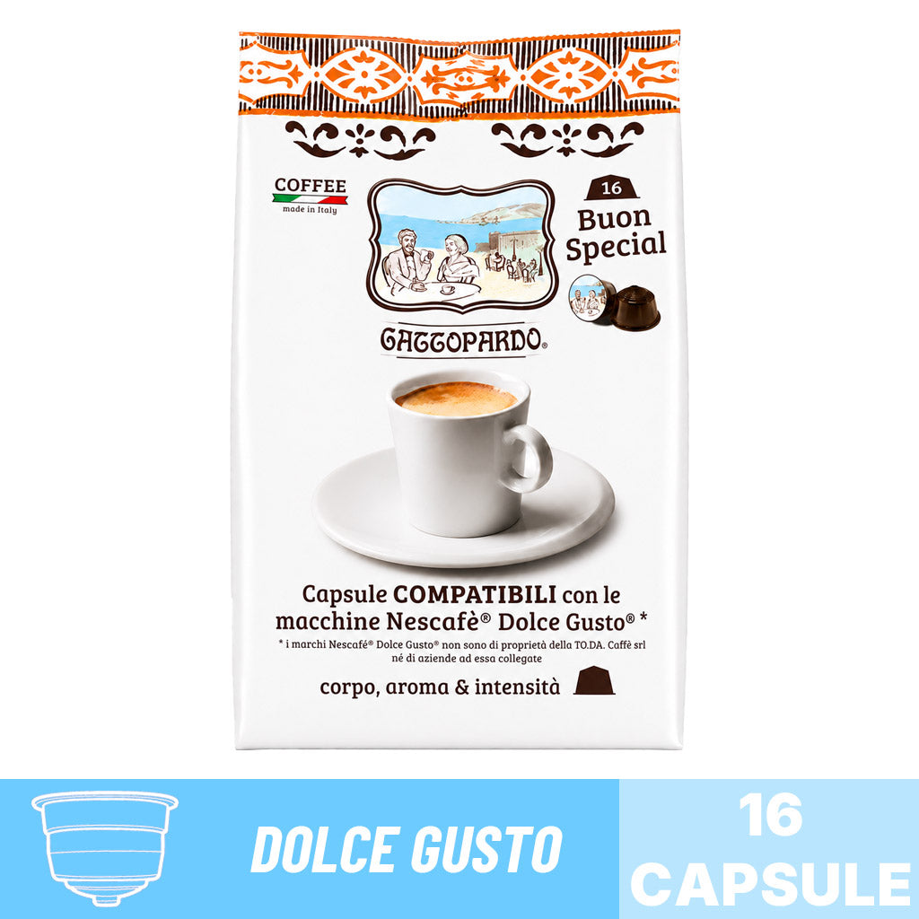 Busta da 16 capsule compatibili Nescafé Dolce Gusto Caffè Gattopardo miscela Buon Special.