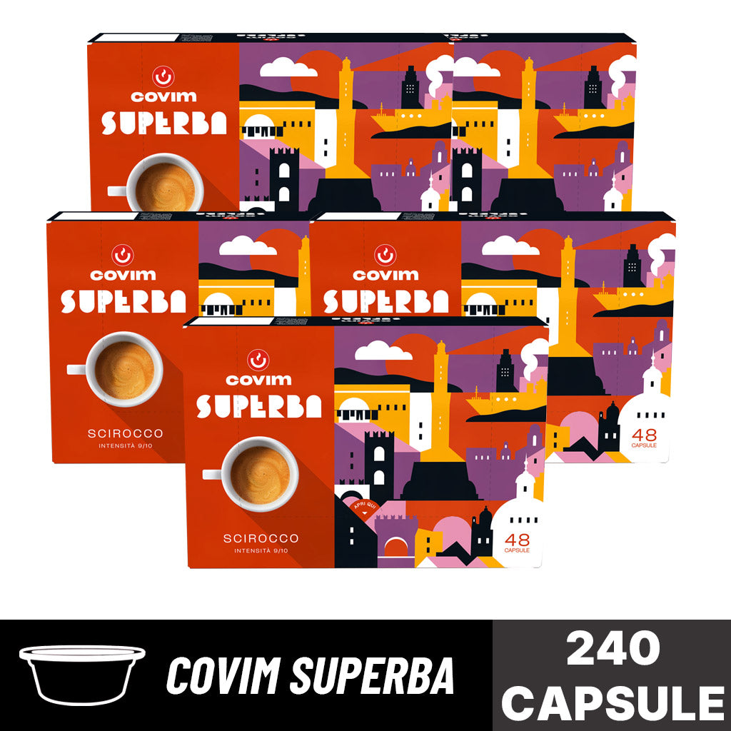 Offerta di capsule Covim Superba: scorta da 240 capsule suddivisa in 5 confezioni da 48 della miscela Scirocco con intensità 9/10 e banner grafico.