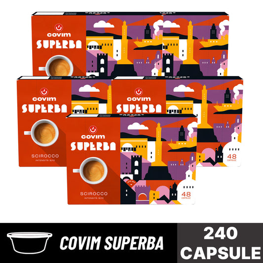 Offerta di capsule Covim Superba: scorta da 240 capsule suddivisa in 5 confezioni da 48 della miscela Scirocco con intensità 9/10 e banner grafico.