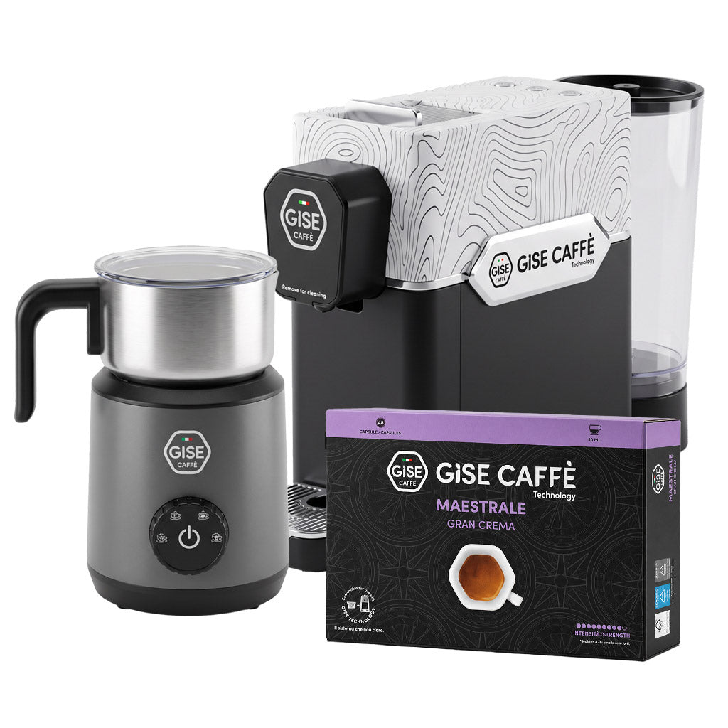 Offerta Gise Caffè Technology: macchina da caffè Gea bianca, montalatte elettrico Milky Cloud e confezione da 48 capsule miscela Maestrale Gran Crema.