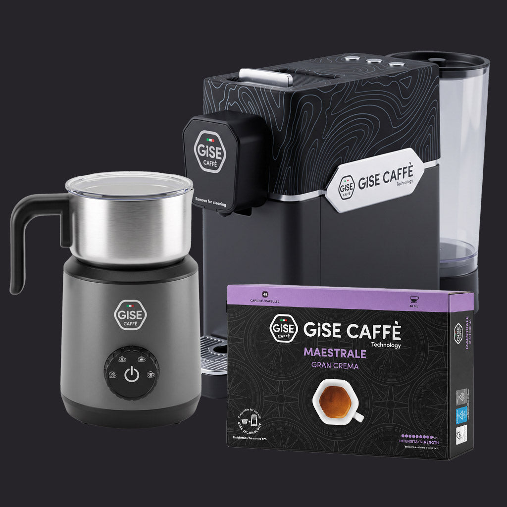 Offerta Gise Caffè Technology: macchina da caffè Gea nera, montalatte elettrico Milky Cloud e confezione da 48 capsule miscela Maestrale Gran Crema.