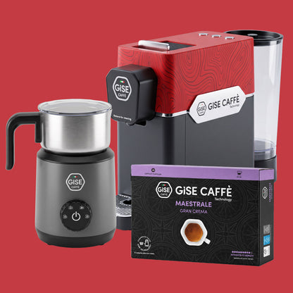 Offerta Gise Caffè Technology: macchina da caffè Gea rossa, montalatte elettrico Milky Cloud e confezione da 48 capsule miscela Maestrale Gran Crema.