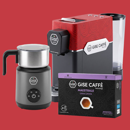 Offerta Gise Caffè Technology: macchina da caffè Gea rossa, montalatte elettrico Milky Cloud e confezione da 48 capsule miscela Maestrale Gran Crema.