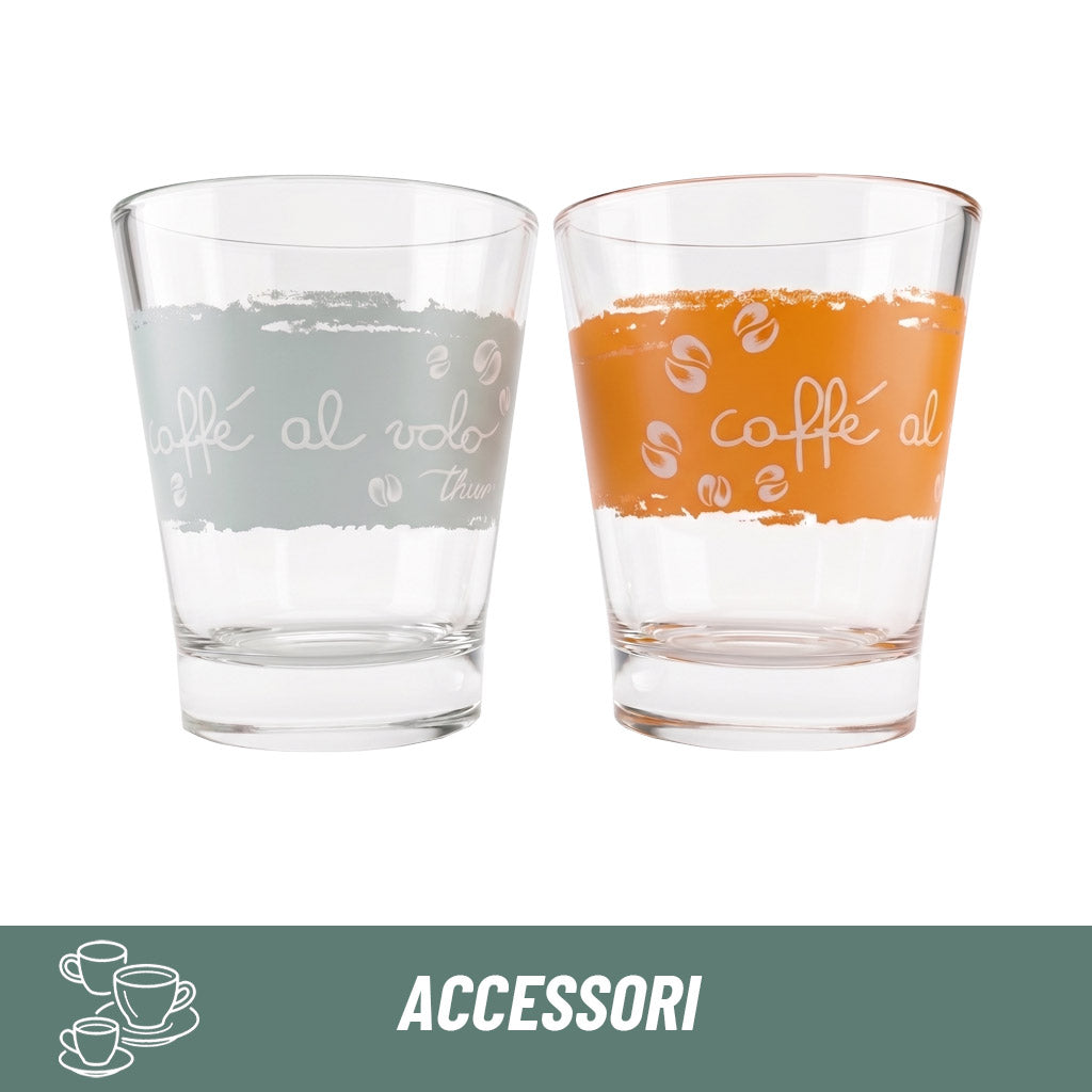 Set 2 tazzine in vetro THUN linea Caffè al Volo colori arancione e smeraldo