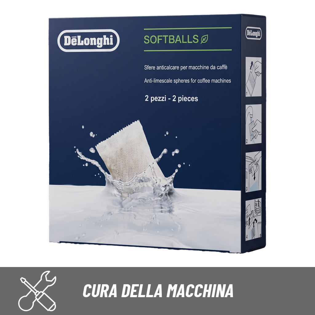 Sfere anticalcare De'Longhi Softballs: confezione da 2 pezzi per serbatoio acqua macchine da caffè.